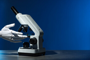 Artificial intelligence. Robot hand working with microscope at table against blue background, space for text