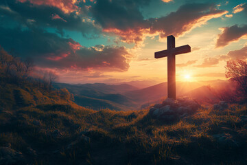 Christian Cross at Sunset with Dramatic Lighting Clouds and Sunbeams Inspirational Easter Resurrection Concept