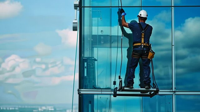 High rise building window cleaner hangs against a skyscraper background. The windows reflect the city center with high-rise buildings.