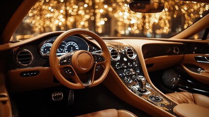 Interior of a luxury passenger car in brown leather . Instrument panel, steering wheel, gearshift...