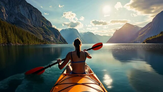 View from the back of a girl in a canoe floating on the water among the mountains. A woman paddles in a kayak on a sea bay surrounded by fjords. A woman is sailing in a boat on a lake.
