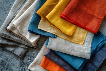 Colorful fabric samples on grey background