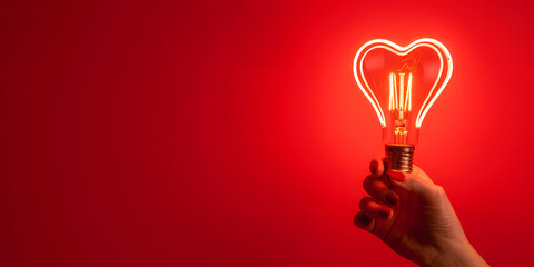 A vibrant red heart shaped light bulb glowing brightly in a hand, set against a deep red background, symbolizing love and passion