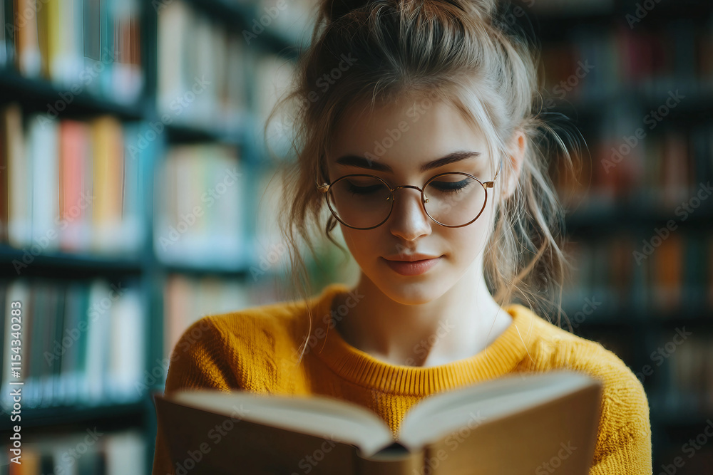 Poster an image of university student is reading a book in library generative ai