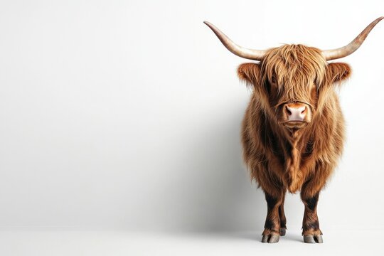 A Highland cow stands against a white background, showcasing its long, thick fur and distinctive horns.