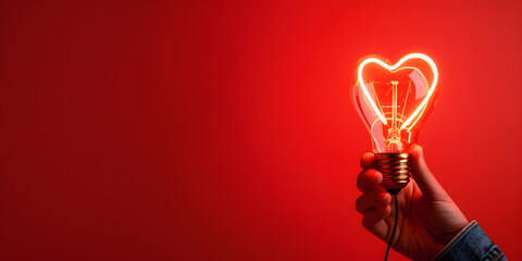 A vibrant red heart shaped light bulb glowing brightly in a hand, set against a deep red background, symbolizing love and passion