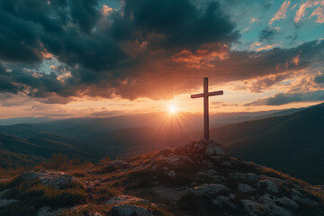 Fototapeta premium Christian Cross at Sunset with Dramatic Lighting Clouds and Sunbeams Inspirational Easter Resurrection Concept
