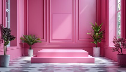 A pink room with a pink wall and pink furniture