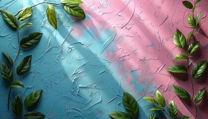 A blue and pink background with green leaves and a pink shadow