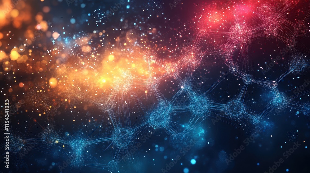 Poster abstract representation of molecular structures with vibrant cosmic background.