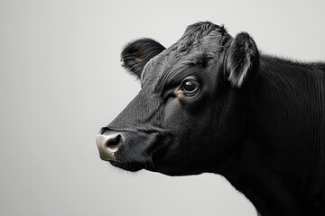 Close-up profile of a black cow, showcasing its expressive eyes and sleek coat.