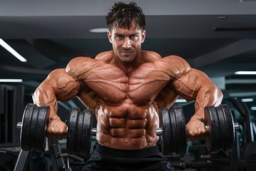 Fototapeta premium A muscular man without t-shirt in a gym holding a pair of dumbbells in his hands in gym training with dumbbells dumbbell workout