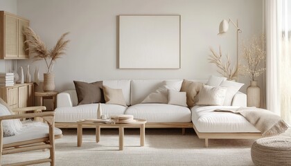 Modern Minimalist Living Room Interior Design Beige Sofa Wooden Decor