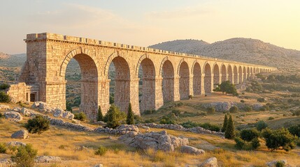 Fototapeta premium Ancient stone aqueduct spanning a valley at sunset.