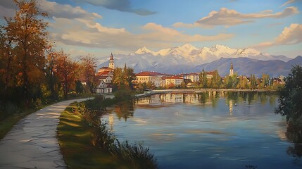 Obraz premium Serene Autumnal Landscape: Oil Painting of a Picturesque Lakeside Town at Sunset. AI Generated