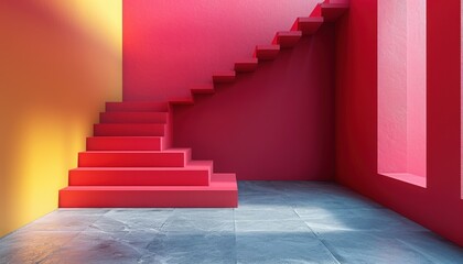 A red staircase is in front of a red wall