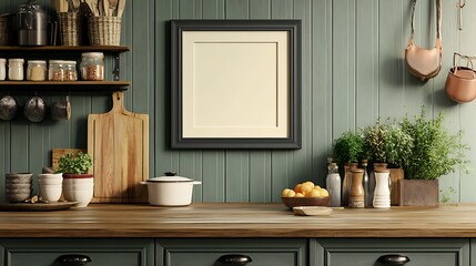 Rustic Kitchen Mockup: Close-up Photo of Framed Canvas. AI Generated