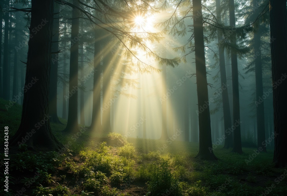 Poster sunlight beams through the misty forest illuminating the tall trees.