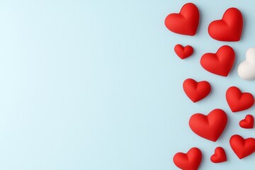 A top-down view of a Valentine's Day card or banner with red hearts against a blue background, arranged in a flat lay.