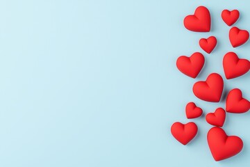 A Valentine's Day greeting card or banner featuring red hearts on a blue background, viewed from above in a flat lay style.