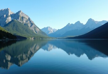Mountain range reflects on the surface of a tranquil lake.