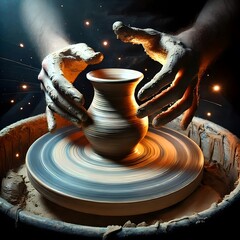 A potter’s wheel spinning clay that glows faintly