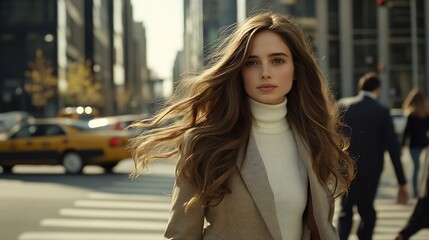 Fototapeta premium Woman with flowing hair on city street looking forward.