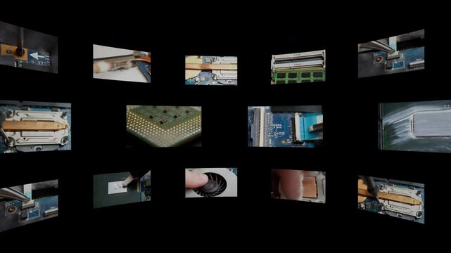 Collage of screens with computer repair shots with alpha channel. Concept laptop repair service for video editing. Electronic device service, laptop cleaning, thermal interface material on processor