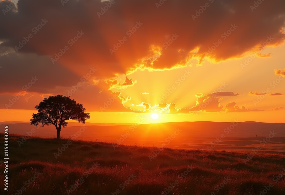 Poster a lone tree stands in a field as the sun sets behind a dramatic sky