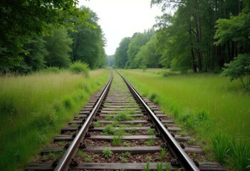 Obraz premium Train tracks disappear into a lush green forest.