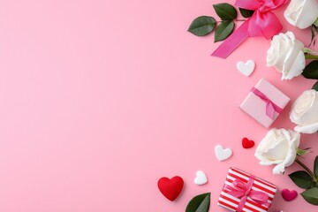 A heart-shaped ribbon with gift boxes and roses on a pink background. Ideal for Valentine's Day, Mother's Day, or a birthday. Romantic flat lay design.