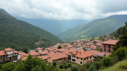 Fototapeta premium Andean Village Terracotta Roofs Against Green Mountains