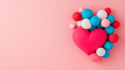 A heart-shaped arrangement of pink, red glass, and red metallic spheres, titled "Multicolored Sphere Love Heart," created as a 3D render.