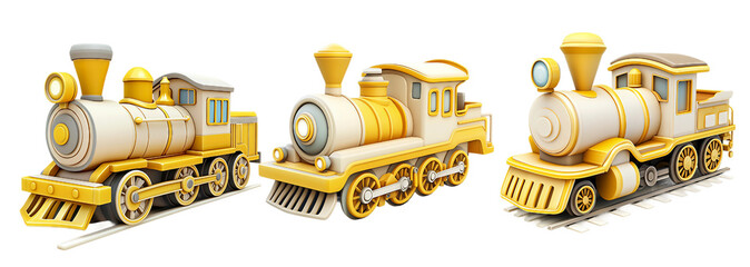 Set of 3D Icons of old train, cartoon style isolated on a transparent background, designed as a game art asset. Simple yet detailed design, vibrant colors, and isometric view
