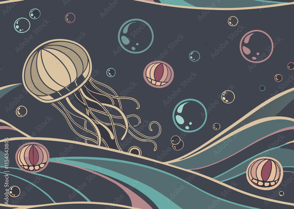Poster abstract illustration of jellyfish and bubbles in a stylized ocean scene with wavy lines and muted c