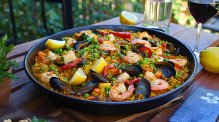 Paella is a dish typically served near the sea, a beautiful seafood cuisine with a variety of seafood and the freshest vegetables.
