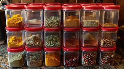 Neatly Arranged Spice Containers on a Wooden Shelf