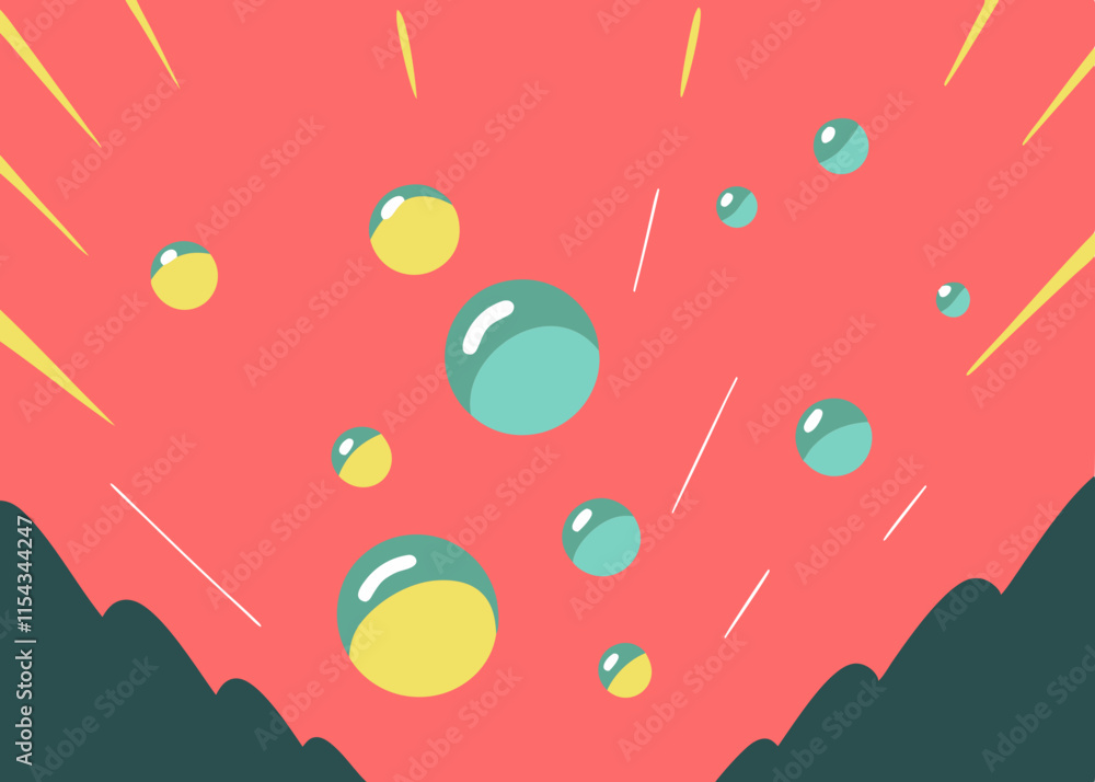 Aufkleber abstract illustration with colorful spheres and dynamic lines on a red background.