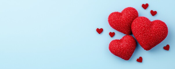Red glittery hearts with a soft glow, creating a romantic Valentine's Day background.