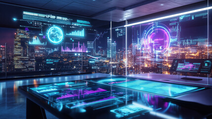 Sleek Futuristic Workspace with Holographic Interface, Neon Blue and Purple Elements, Transparent Digital Display, and a Modern Cityscape Backdrop