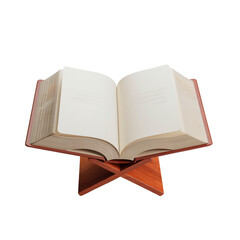 A 3D render of an open blank book, isolated on a transparent background. The book has a leather-bound cover and is resting on a wooden stand. The pages inside the book are blank