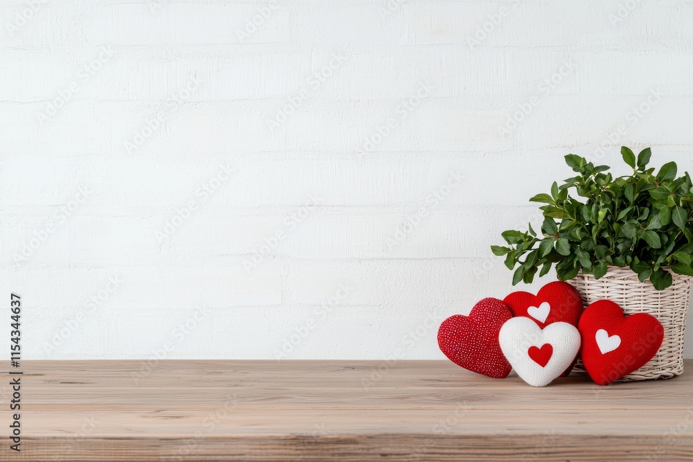 Poster a valentine's day-themed background featuring an empty pastel-colored wooden table for product displ