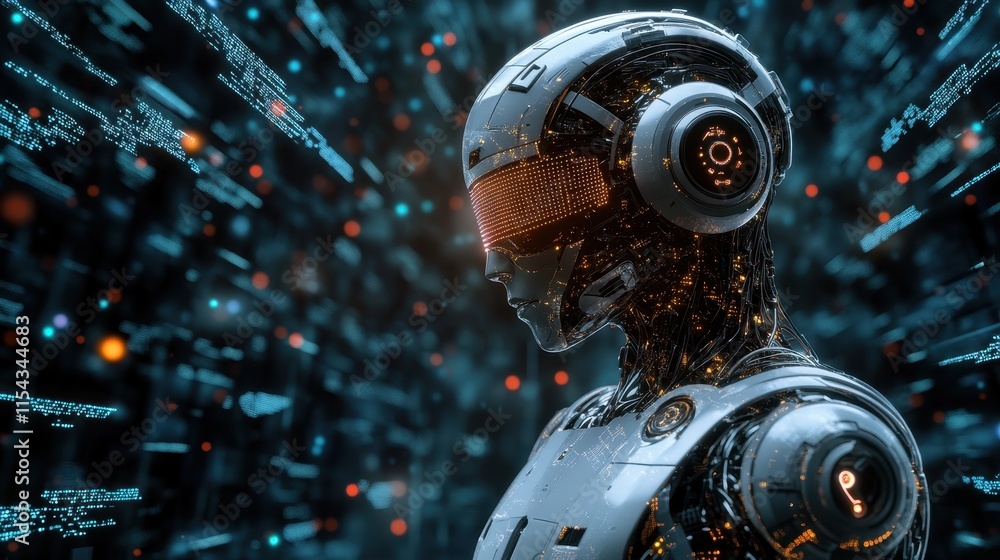 Poster a futuristic robot with a digital backdrop, emphasizing technology and innovation.