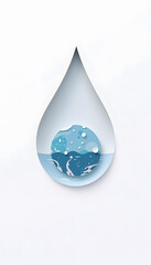 Fototapeta premium the water drop contains a view of the earth, flat papercut style, with white tones