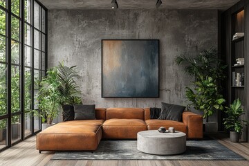 Modern minimalistic living room with leather sofa and high fidelity sound urban setting interior design cozy atmosphere