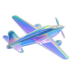 Naklejka premium A 3D render of an iridescent airplane floating in the air. The airplane is holographic and has a shimmering, multi-colored surface. The background is transparent.
