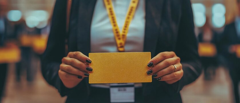 Woman holds golden badge at event.