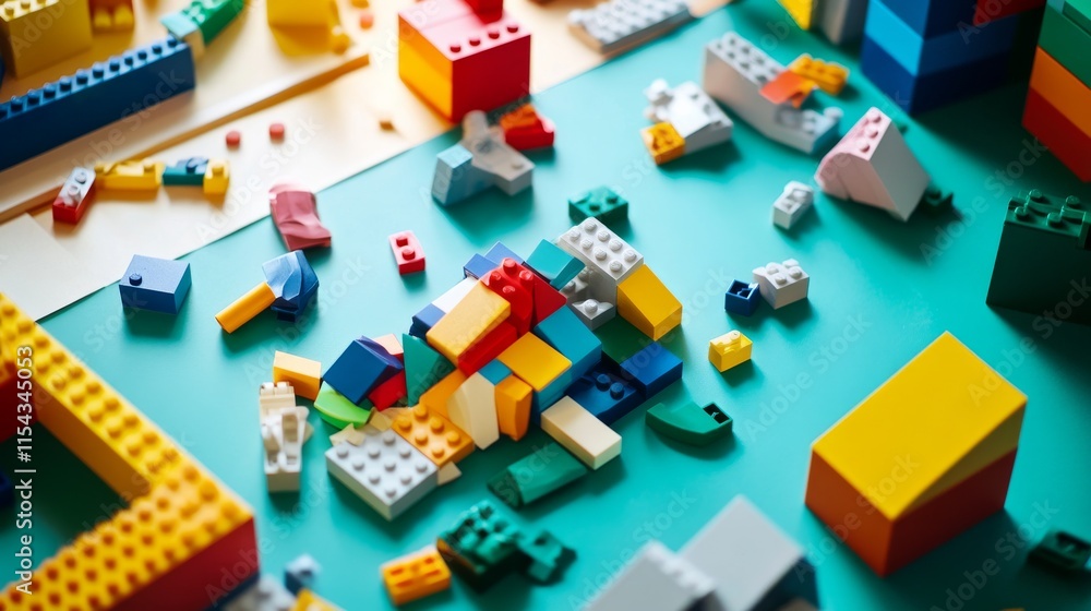 Poster Intricate block-building setup with scattered pieces, Immersive workspace filled with colorful building blocks, Modern creative style