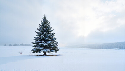 Fototapeta premium Snow-Covered Fir Tree on a Snowy Landscape Under a Blue Winter Sky