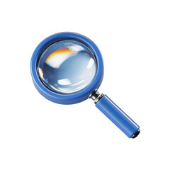 A 3D render of a blue magnifying glass with a holographic 3D effect. The magnifying glass is floating in the air and is isolated on a transparent background.